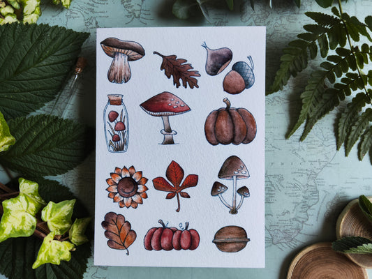 Carte Automne Nature – Feuilles, Champignons et Citrouilles