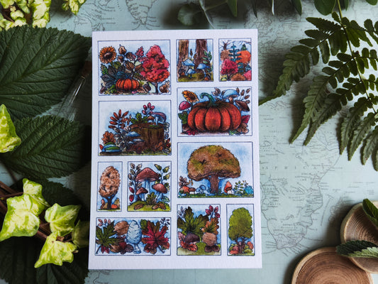 Carte Moodboard Citrouilles – Arbres, Feuilles et Teintes Orange-Brun