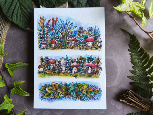 Carte Champignon et bordure de fleurs – Conte Mignon en Aquarelle