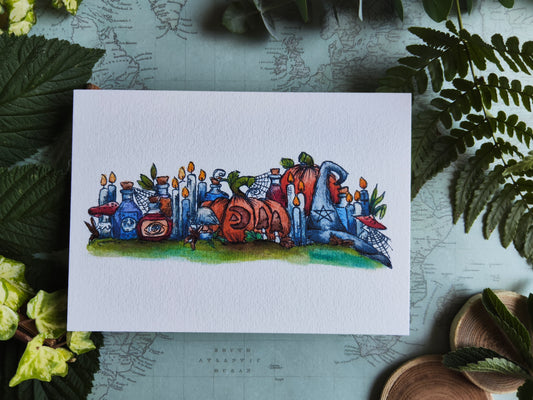 Carte Fioles et des Citrouilles – Scène Illustrée d’Automne Sorcière