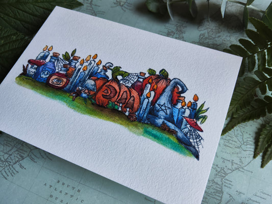 Carte Fioles et des Citrouilles – Scène Illustrée d’Automne Sorcière