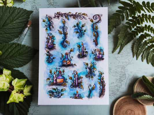 Carte Bougie Violette – Arabesque Feuillage Fiole Magique
