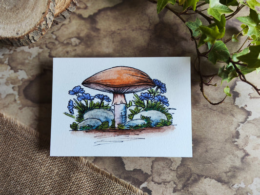 Carte Champignon et fleurs bleu – Illustration nature