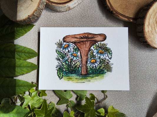 Carte Champignon Fleurs Marguerite – Illustration Jardin à l’aquarelle