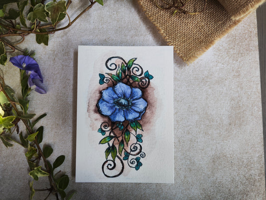 Carte Fleur bleue Anémone Feuillage – Illustration Arabesque Fin