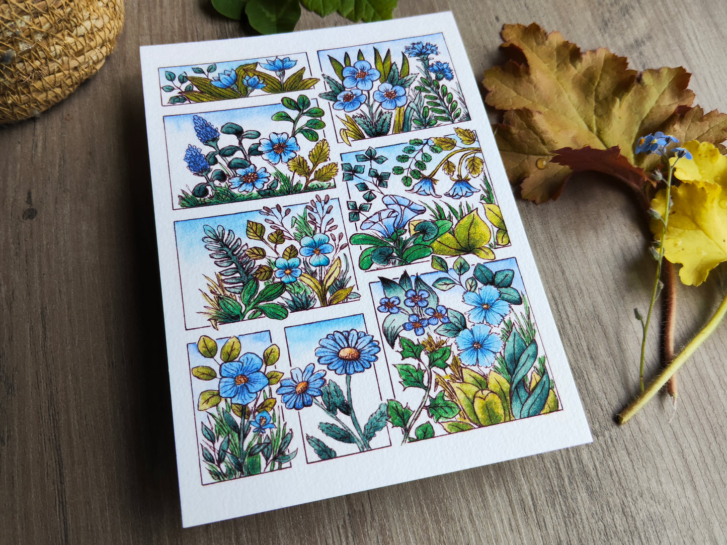 Carte fleurie A6 – Fleurs bleues à l’aquarelle – Art botanique imprimé sur papier 300g