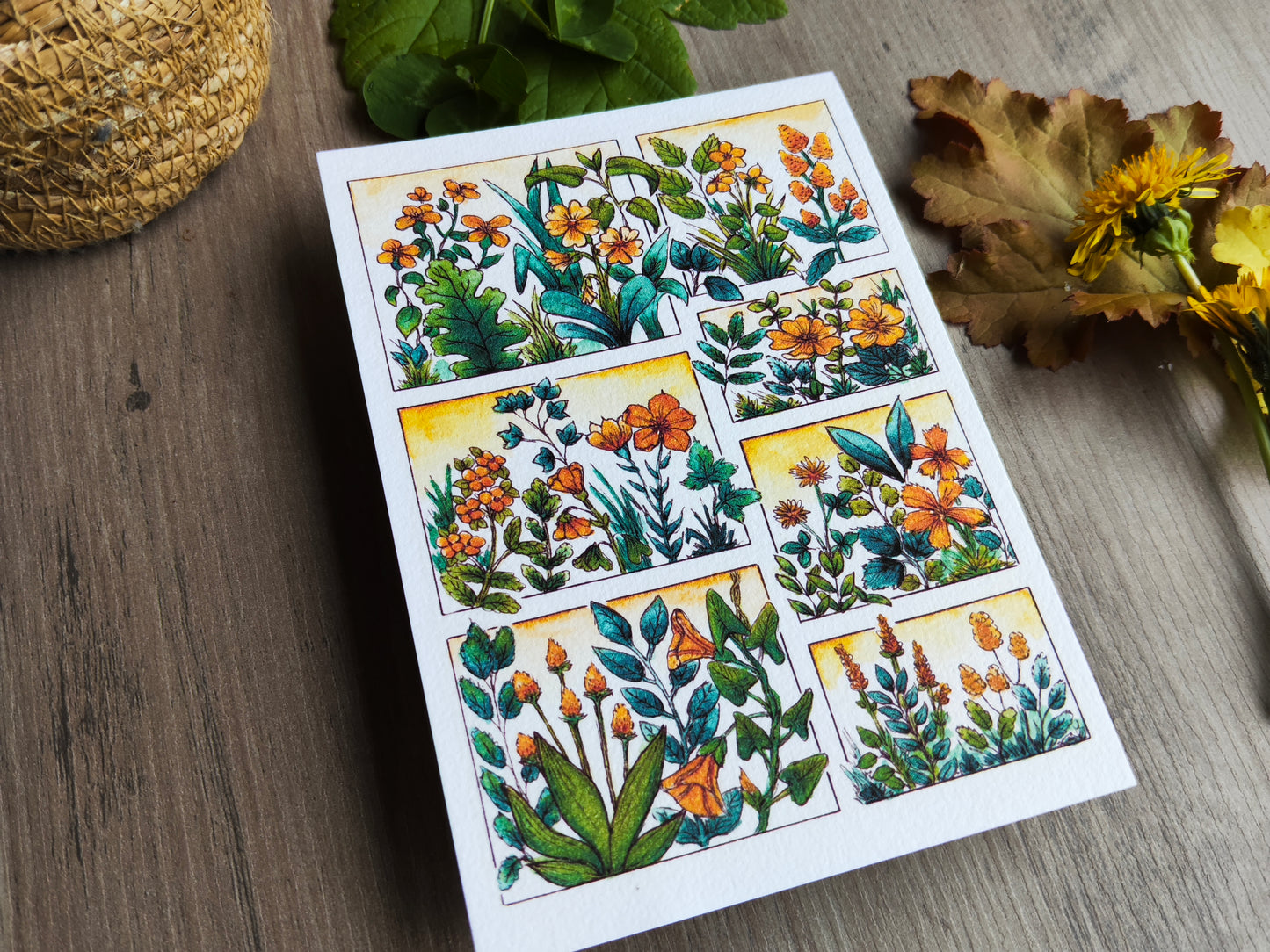Carte illustrée A6 – Fleurs sauvages à l’aquarelle – Impression fine sur papier 300g - Fleurs Jaune
