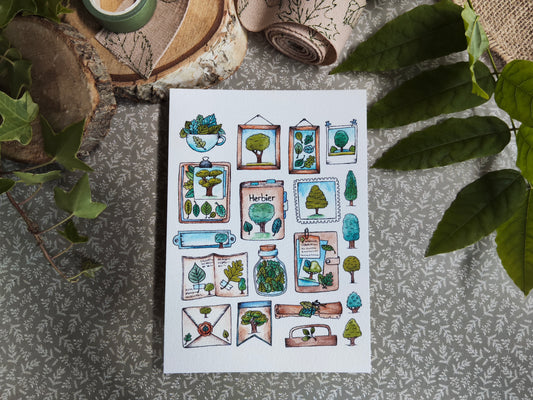 Carte Aquarelle Herbier Arbre et Feuillage – Illustration Nature Verte