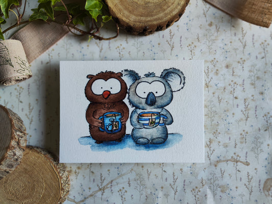 Carte Koala & Hibou – Amis Moment pause Mug Thé à l’aquarelle