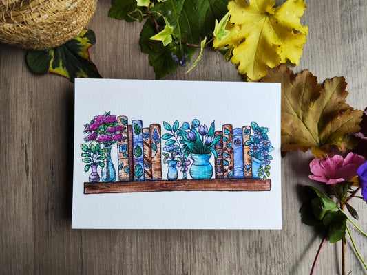 Carte A6 – Papeterie illustrée à l’aquarelle – Livres et fleurs Violet Parme