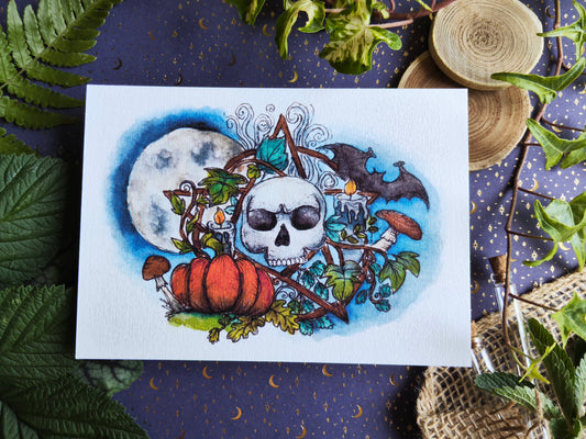Carte Citrouille et Crâne – Ambiance Nocturne Magique et Pentacle