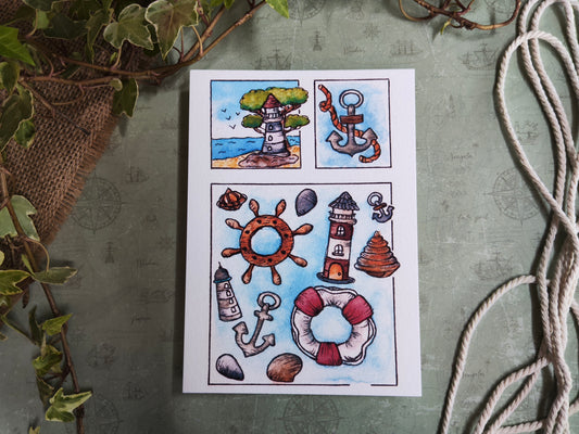 Carte Bord de Mer – Objets Marins en Aquarelle Phare
