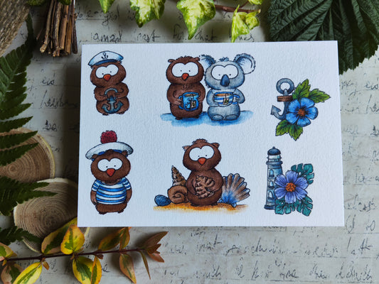 Carte Oiseaux Hibou Marins et Animaux Koala Rigolos – Illustration Mer été