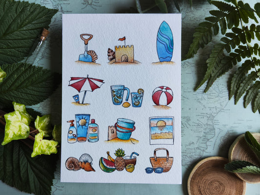 Carte Vacances à la Plage – Objets d’Été en Aquarelle
