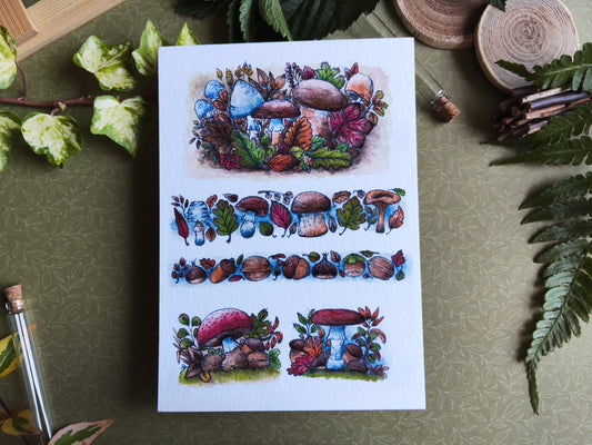 Carte Postale Automne – Champignons, Marrons, Glands et Déco Naturelle