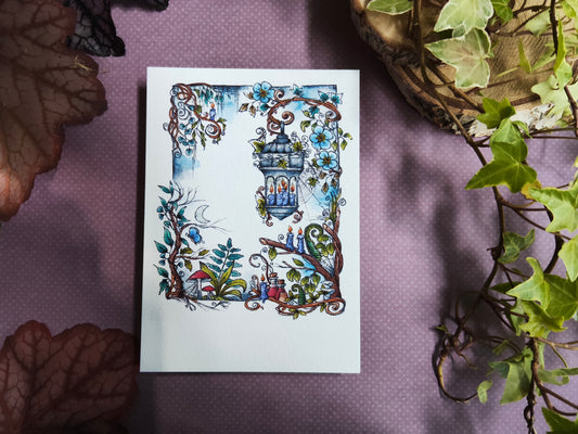 Carte Lanterne Féerique – Illustration Aquarelle Feuillage Lierre Bougie Champignon