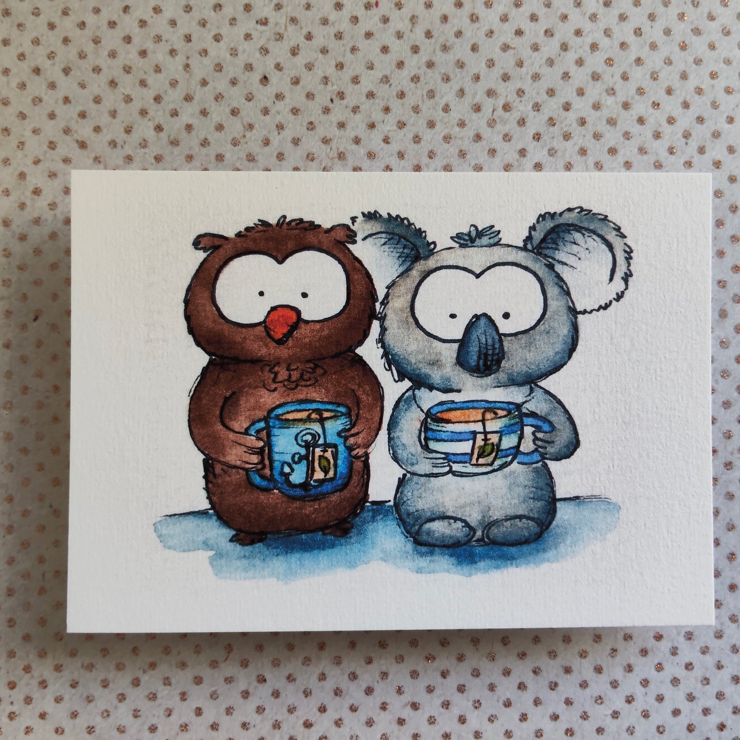Carte Koala & Hibou – Amis Moment pause Mug Thé à l’aquarelle