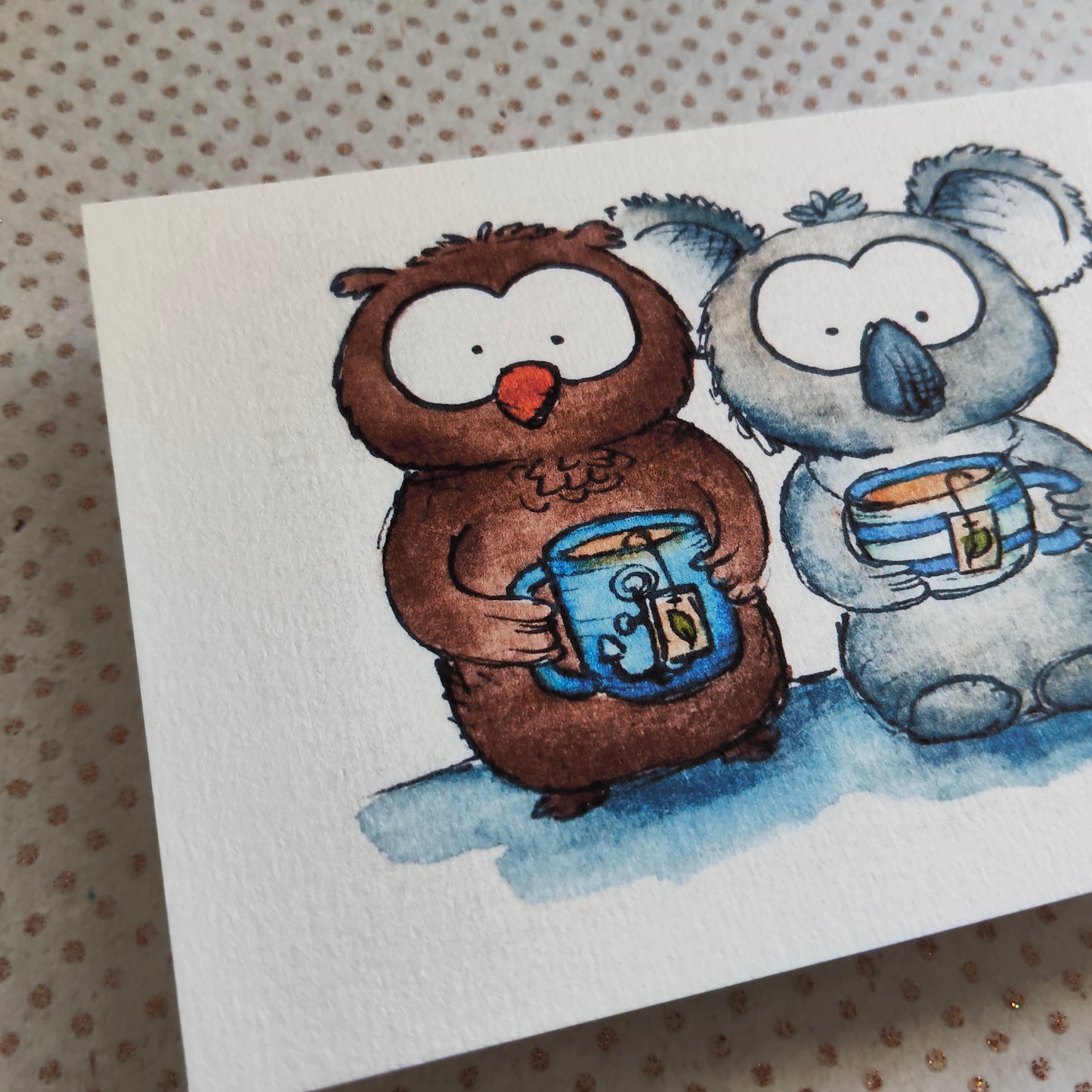 Carte Koala & Hibou – Amis Moment pause Mug Thé à l’aquarelle