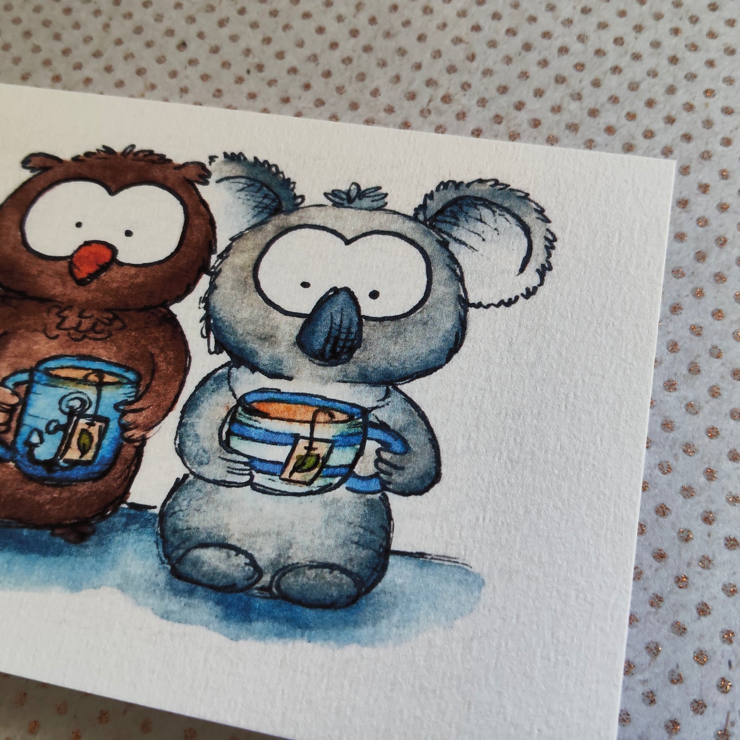 Carte Koala & Hibou – Amis Moment pause Mug Thé à l’aquarelle