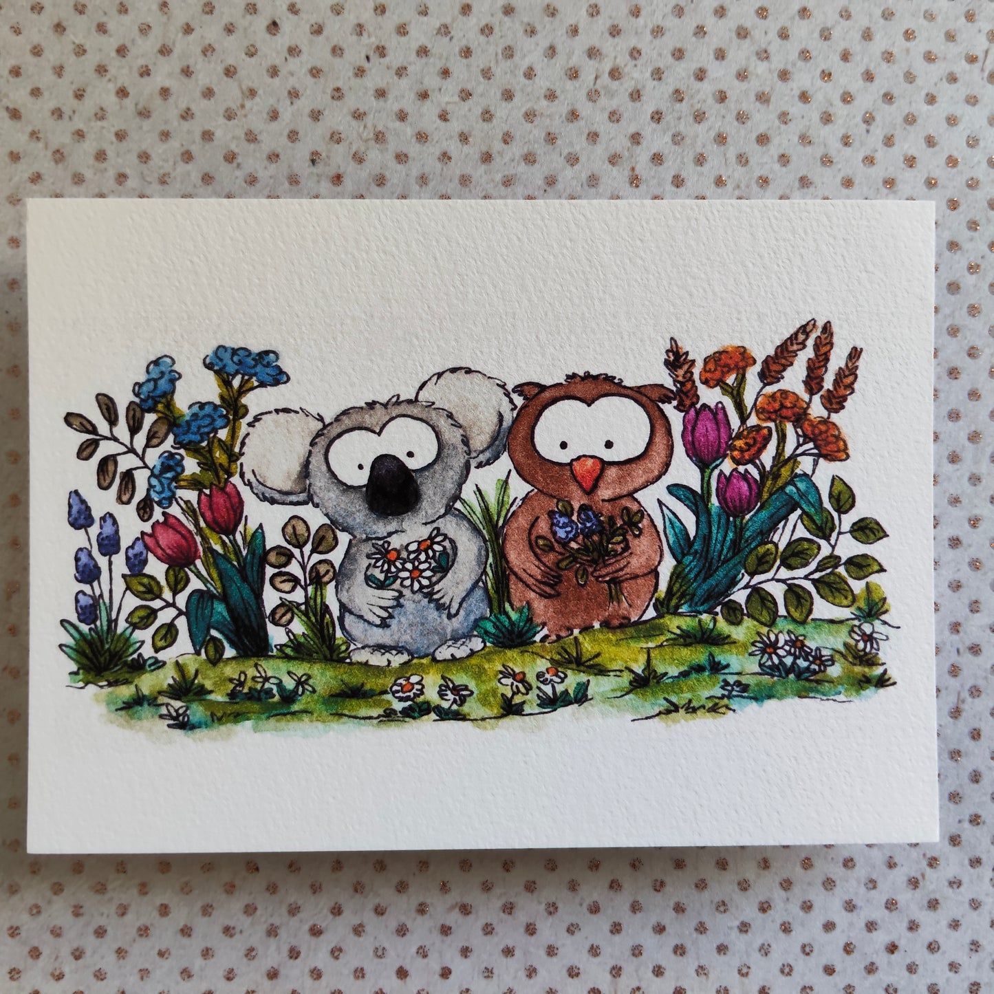 Carte illustrée A6 – Koala et Hibou fleuris – Illustration Animaux à l’aquarelle