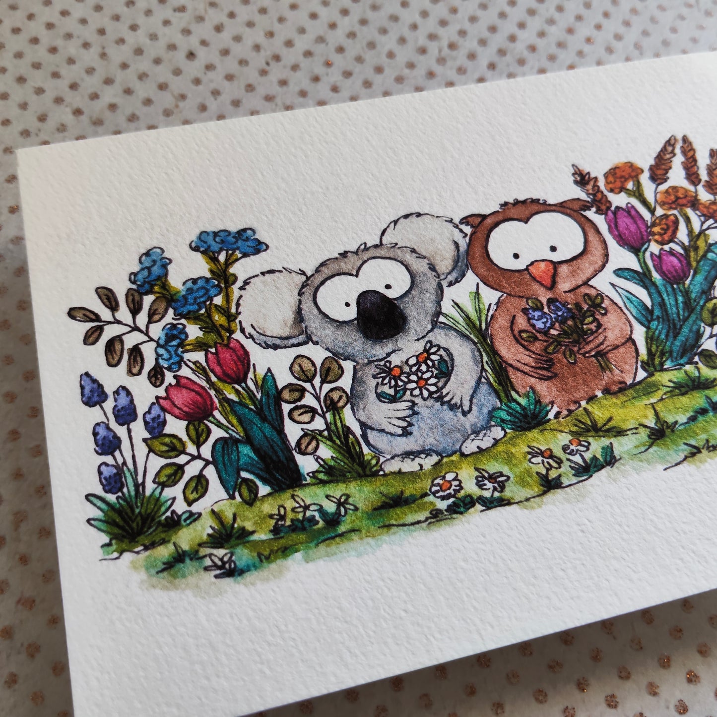 Carte illustrée A6 – Koala et Hibou fleuris – Illustration Animaux à l’aquarelle