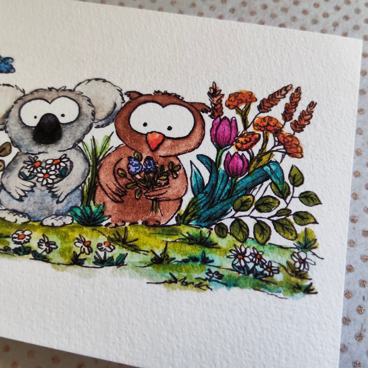Carte illustrée A6 – Koala et Hibou fleuris – Illustration Animaux à l’aquarelle