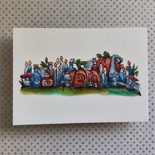 Carte Fioles et des Citrouilles – Scène Illustrée d’Automne Sorcière