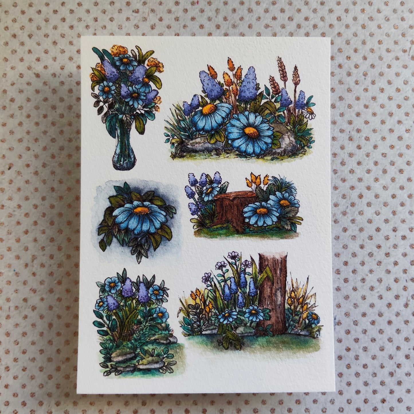 Carte A6 illustrée – Fleurs bleues et nature en forêt, aquarelle florale douce