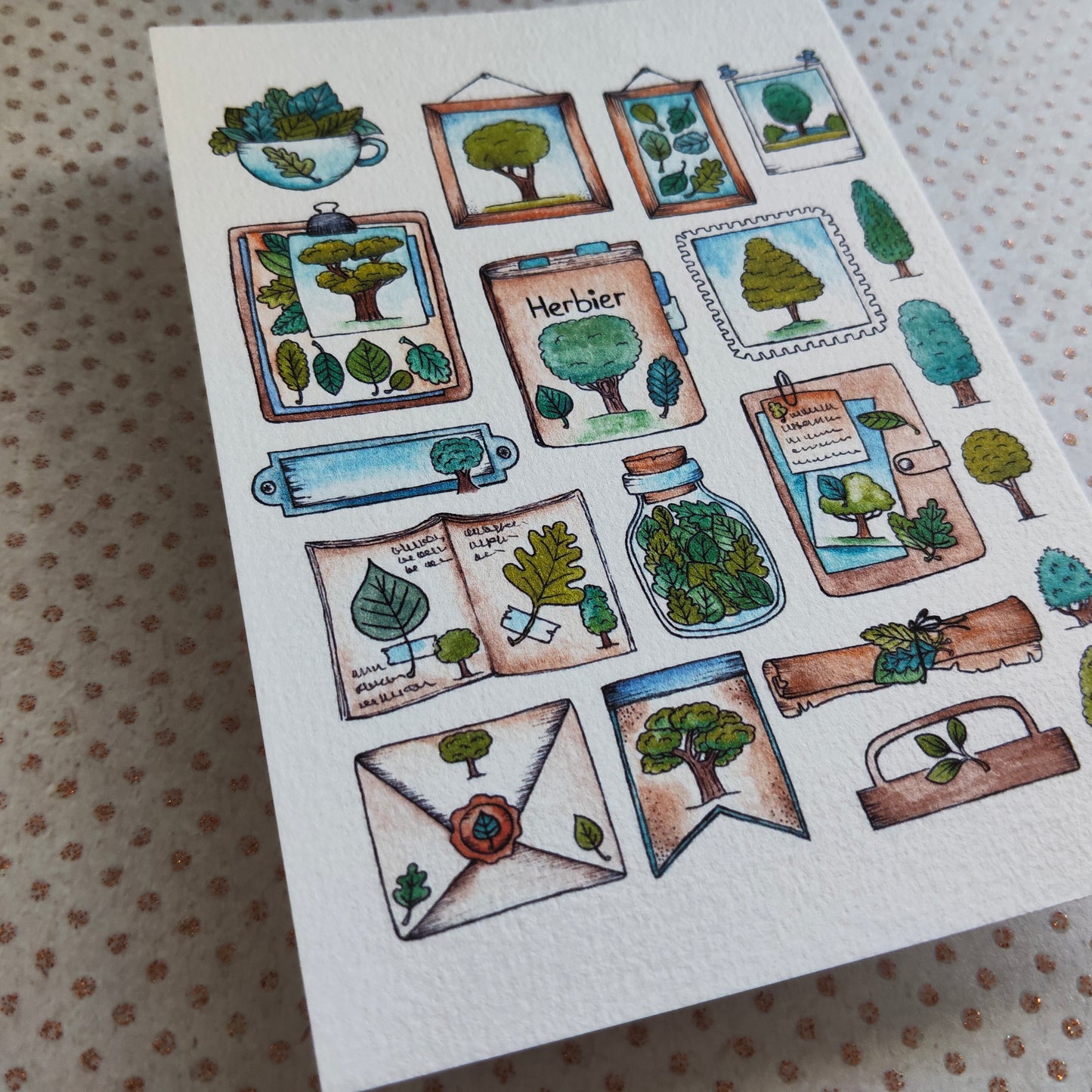Carte Aquarelle Herbier Arbre et Feuillage – Illustration Nature Verte