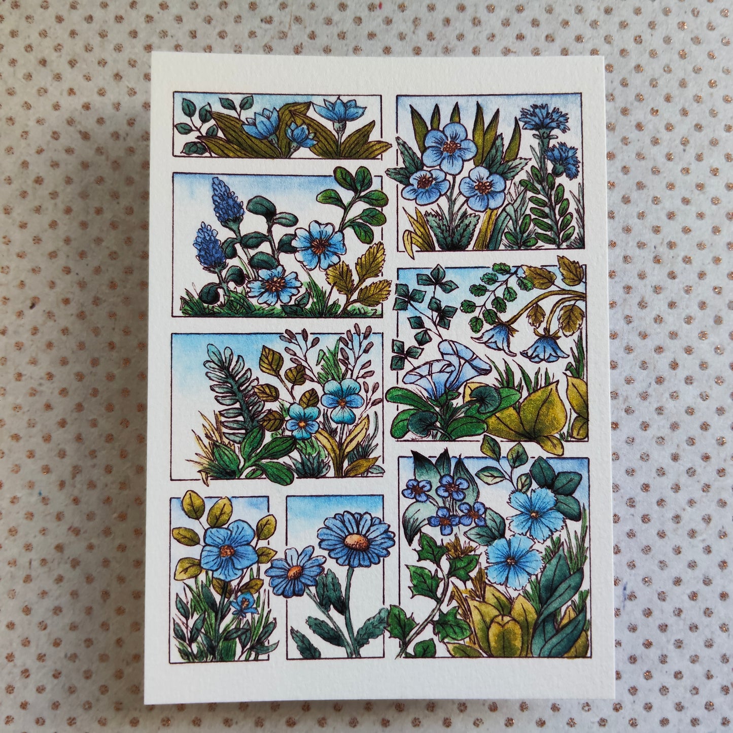 Carte fleurie A6 – Fleurs bleues à l’aquarelle – Art botanique imprimé sur papier 300g