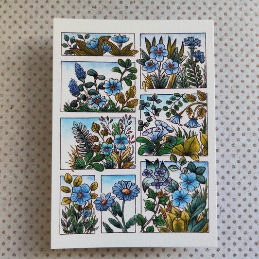Carte fleurie A6 – Fleurs bleues à l’aquarelle – Art botanique imprimé sur papier 300g