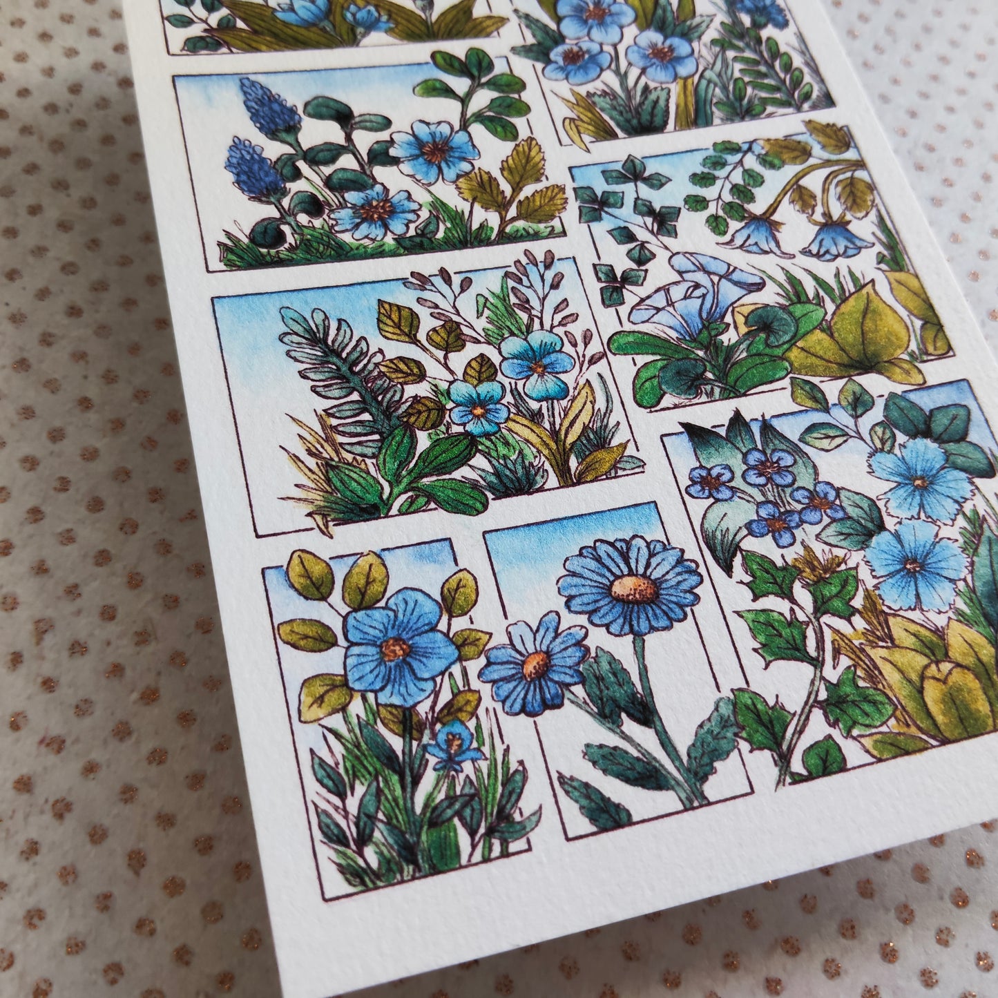 Carte fleurie A6 – Fleurs bleues à l’aquarelle – Art botanique imprimé sur papier 300g