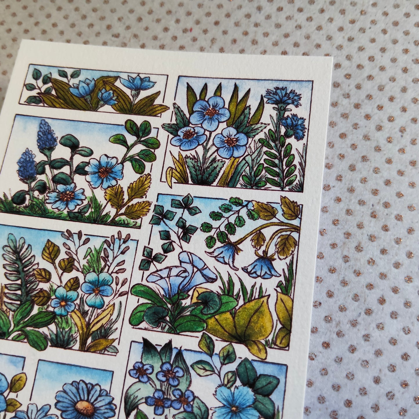 Carte fleurie A6 – Fleurs bleues à l’aquarelle – Art botanique imprimé sur papier 300g