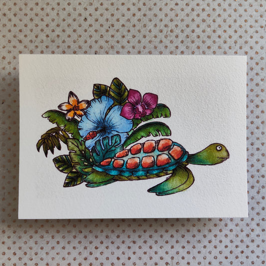 Illustration été – Tortue marine et feuillage tropical à l’aquarelle – Format A6