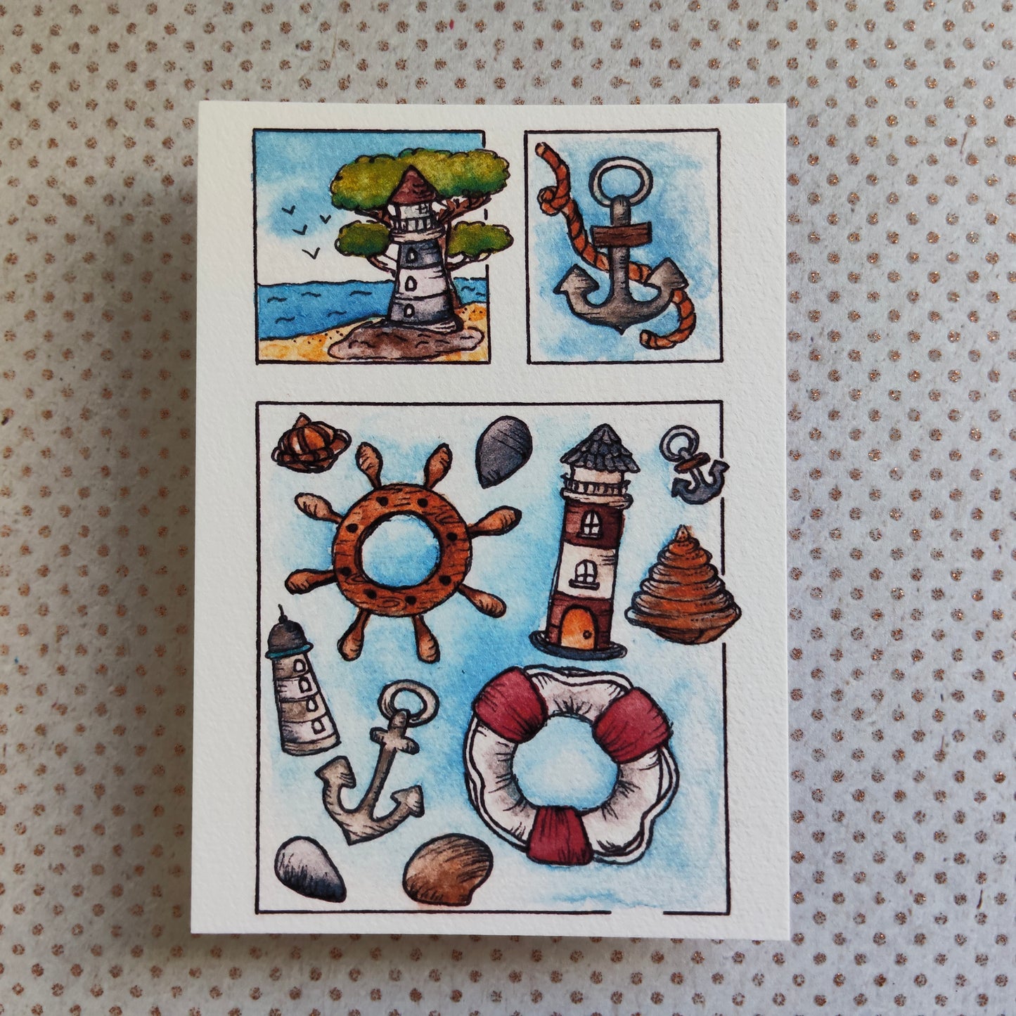 Carte Bord de Mer – Objets Marins en Aquarelle Phare