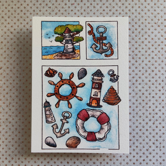 Carte Bord de Mer – Objets Marins en Aquarelle Phare