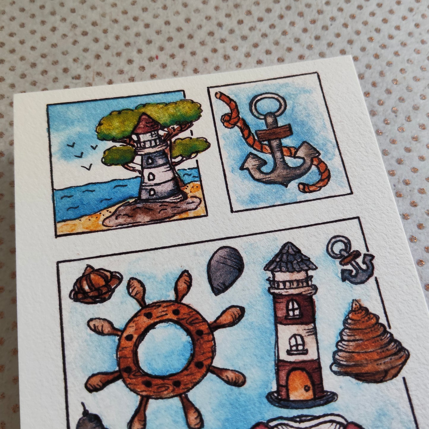 Carte Bord de Mer – Objets Marins en Aquarelle Phare