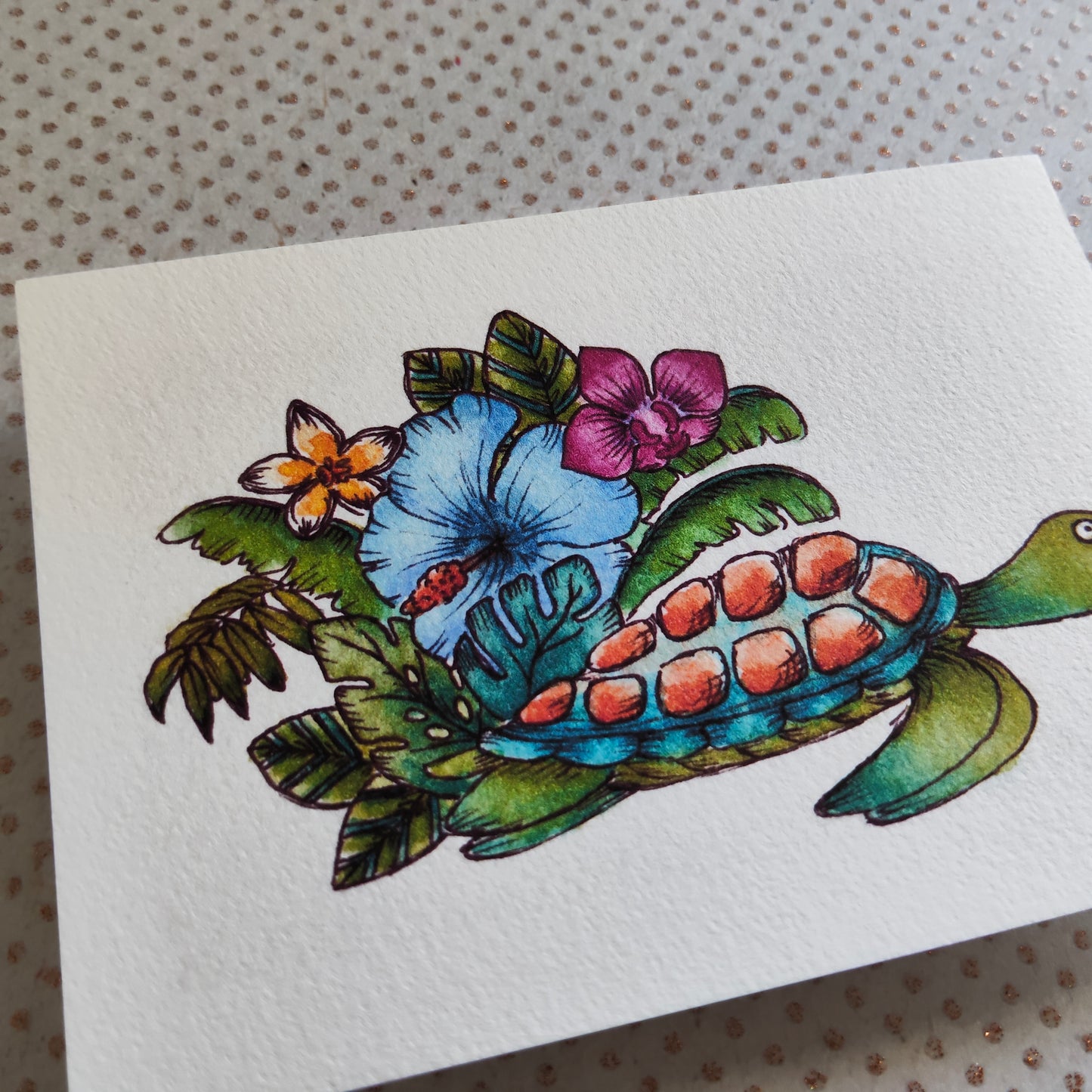 Illustration été – Tortue marine et feuillage tropical à l’aquarelle – Format A6