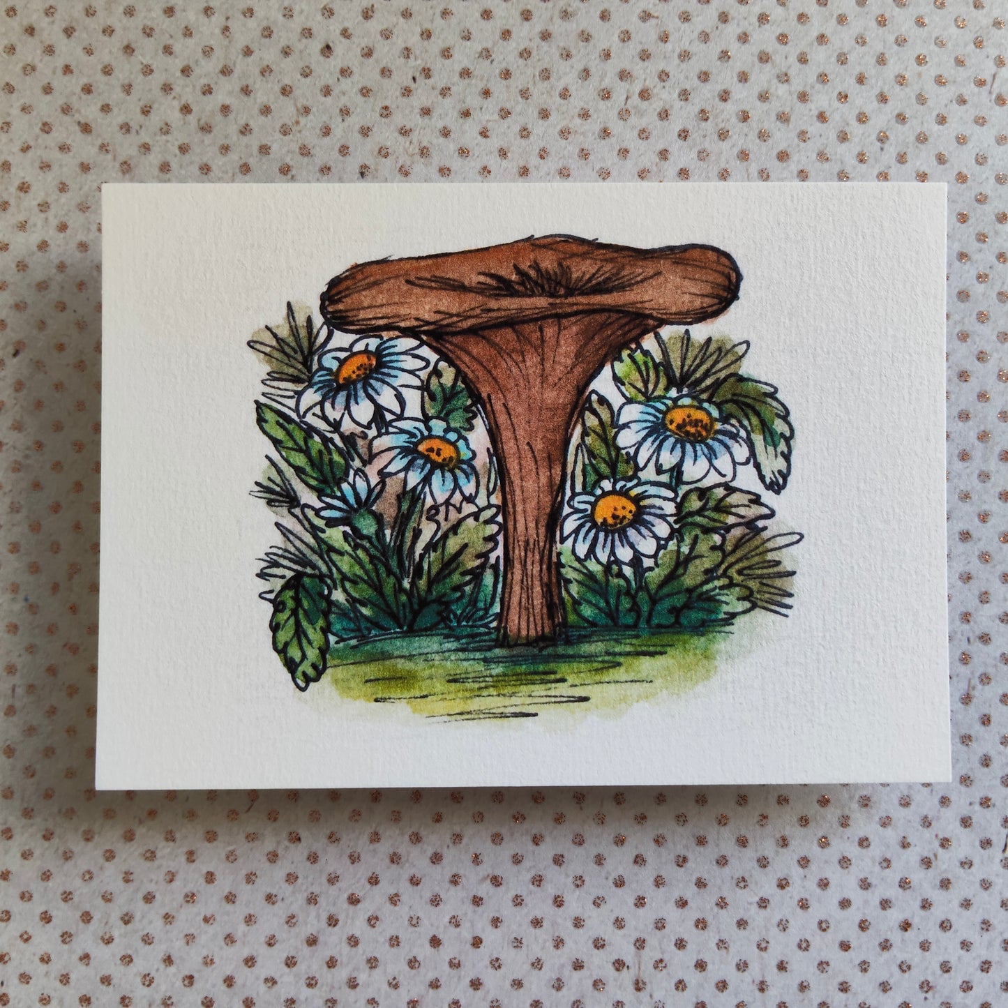 Carte Champignon Fleurs Marguerite – Illustration Jardin à l’aquarelle
