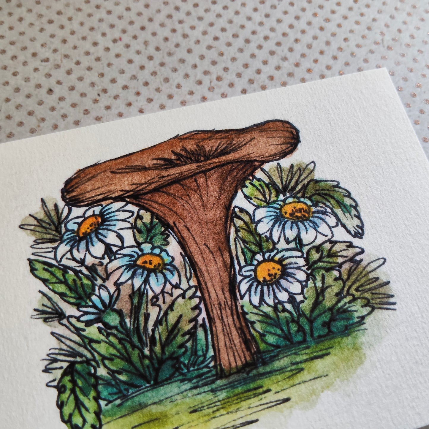 Carte Champignon Fleurs Marguerite – Illustration Jardin à l’aquarelle