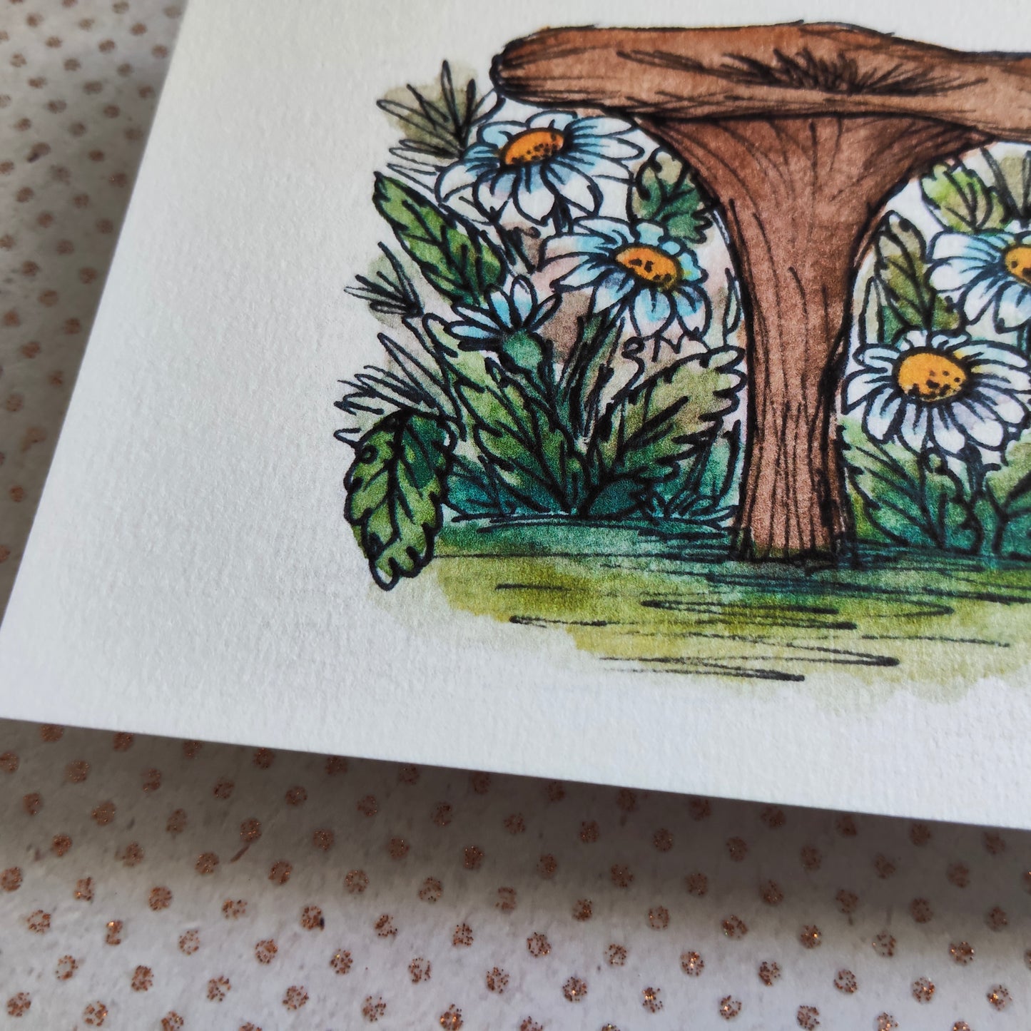 Carte Champignon Fleurs Marguerite – Illustration Jardin à l’aquarelle