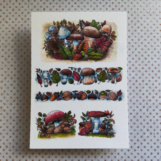 Carte Postale Automne – Champignons, Marrons, Glands et Déco Naturelle