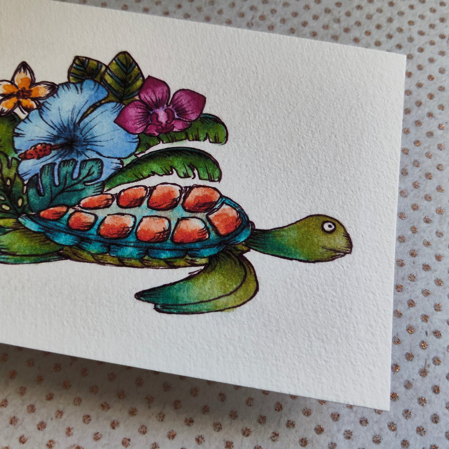 Illustration été – Tortue marine et feuillage tropical à l’aquarelle – Format A6
