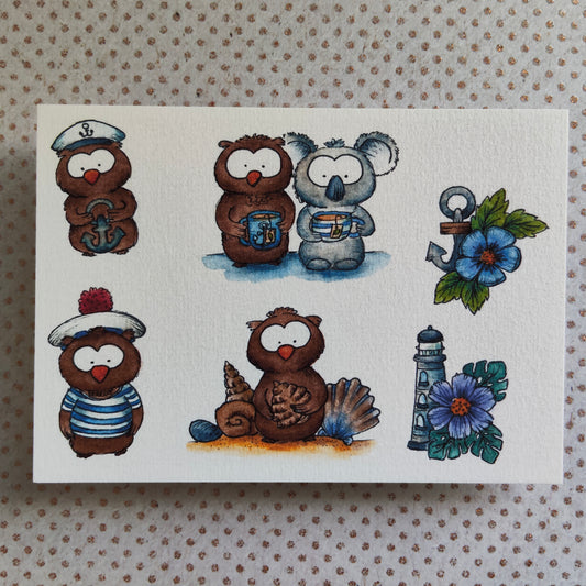 Carte Oiseaux Hibou Marins et Animaux Koala Rigolos – Illustration Mer été