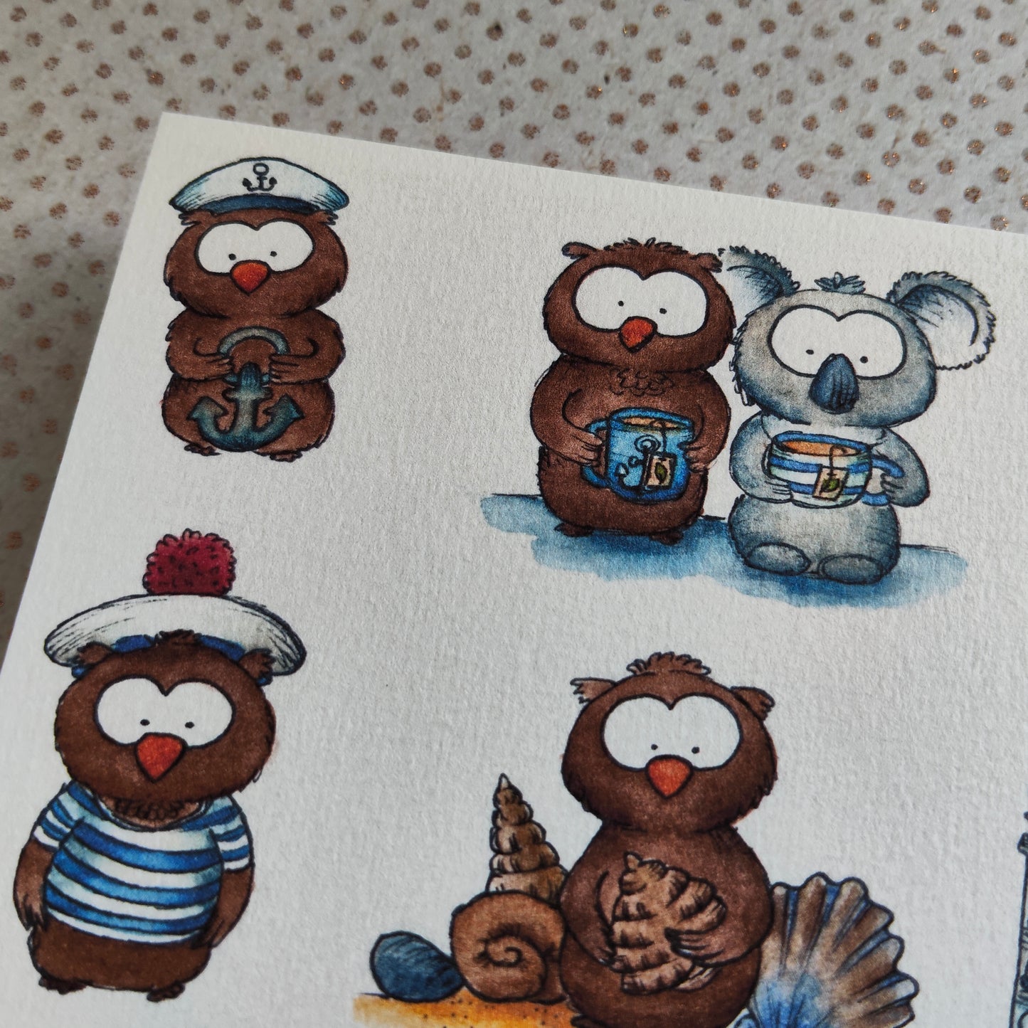 Carte Oiseaux Hibou Marins et Animaux Koala Rigolos – Illustration Mer été