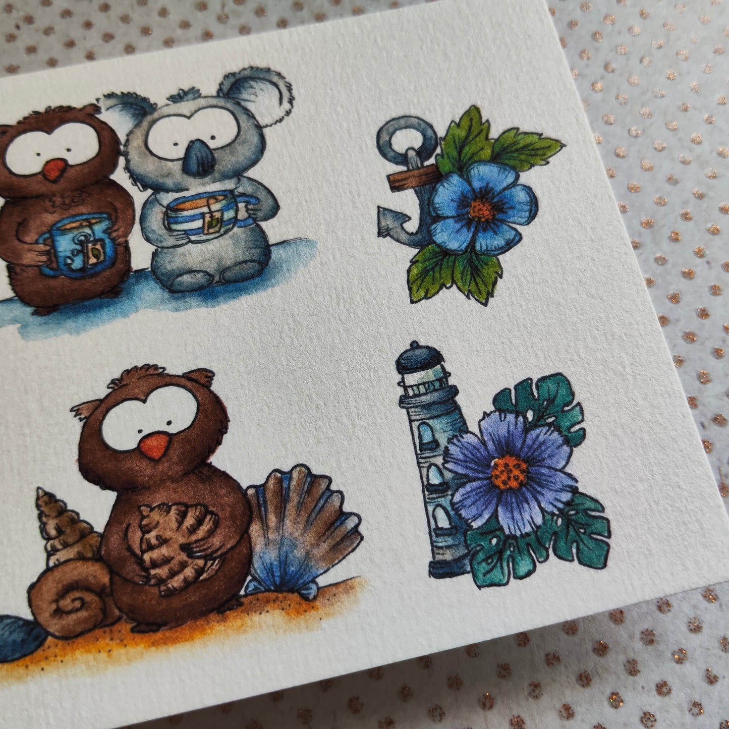Carte Oiseaux Hibou Marins et Animaux Koala Rigolos – Illustration Mer été
