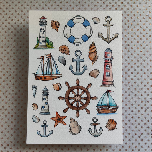 Carte Aquarelle Marin Bord de Mer Vintage