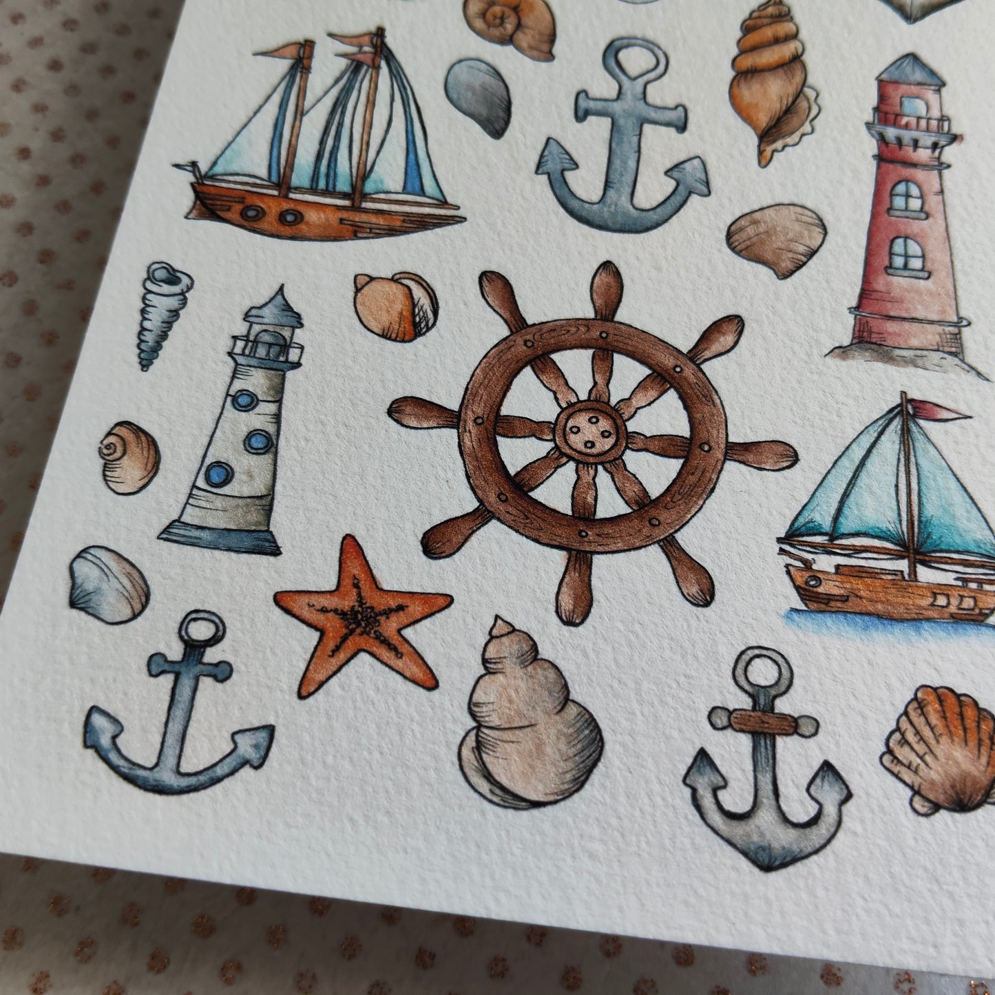 Carte Aquarelle Marin Bord de Mer Vintage