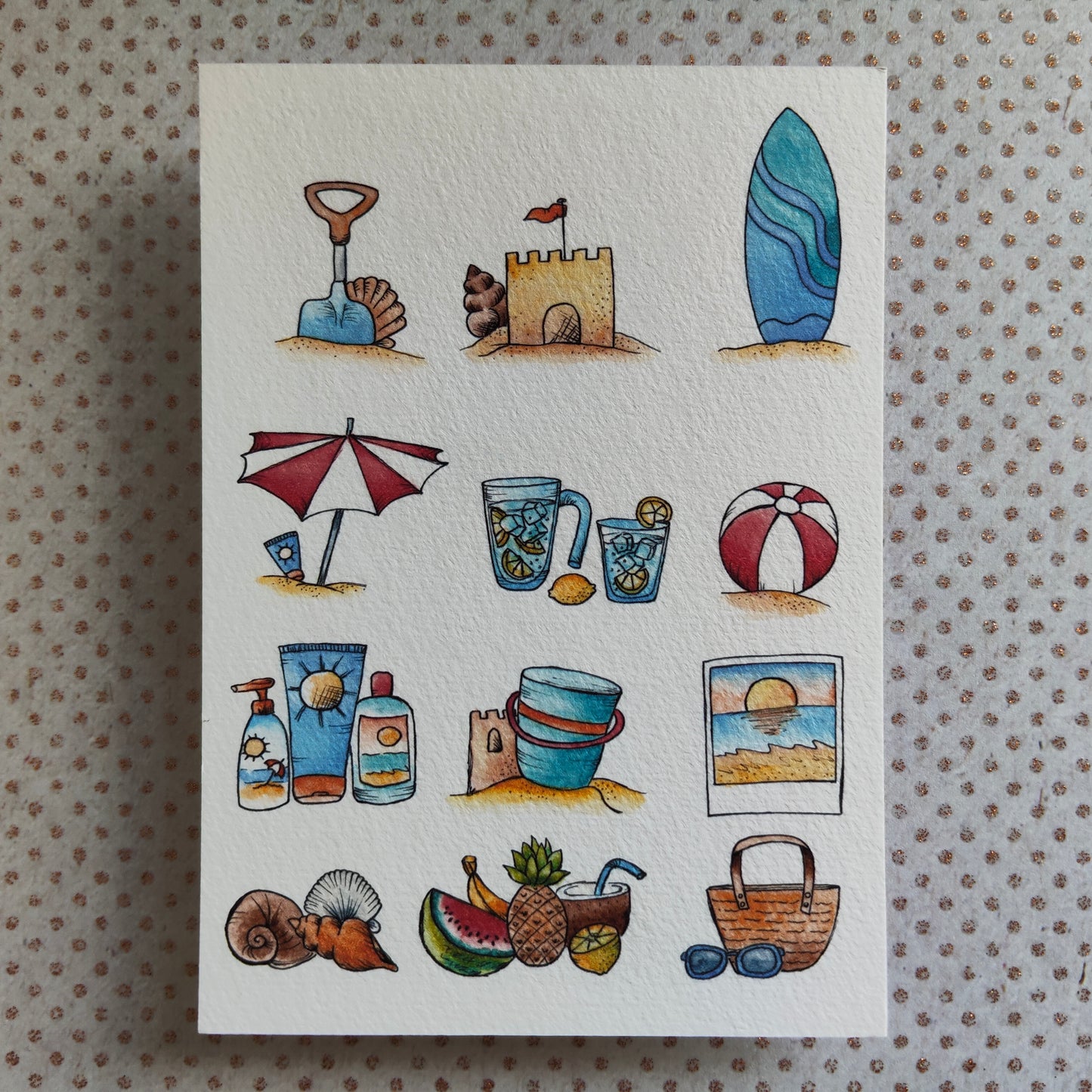 Carte Vacances à la Plage – Objets d’Été en Aquarelle