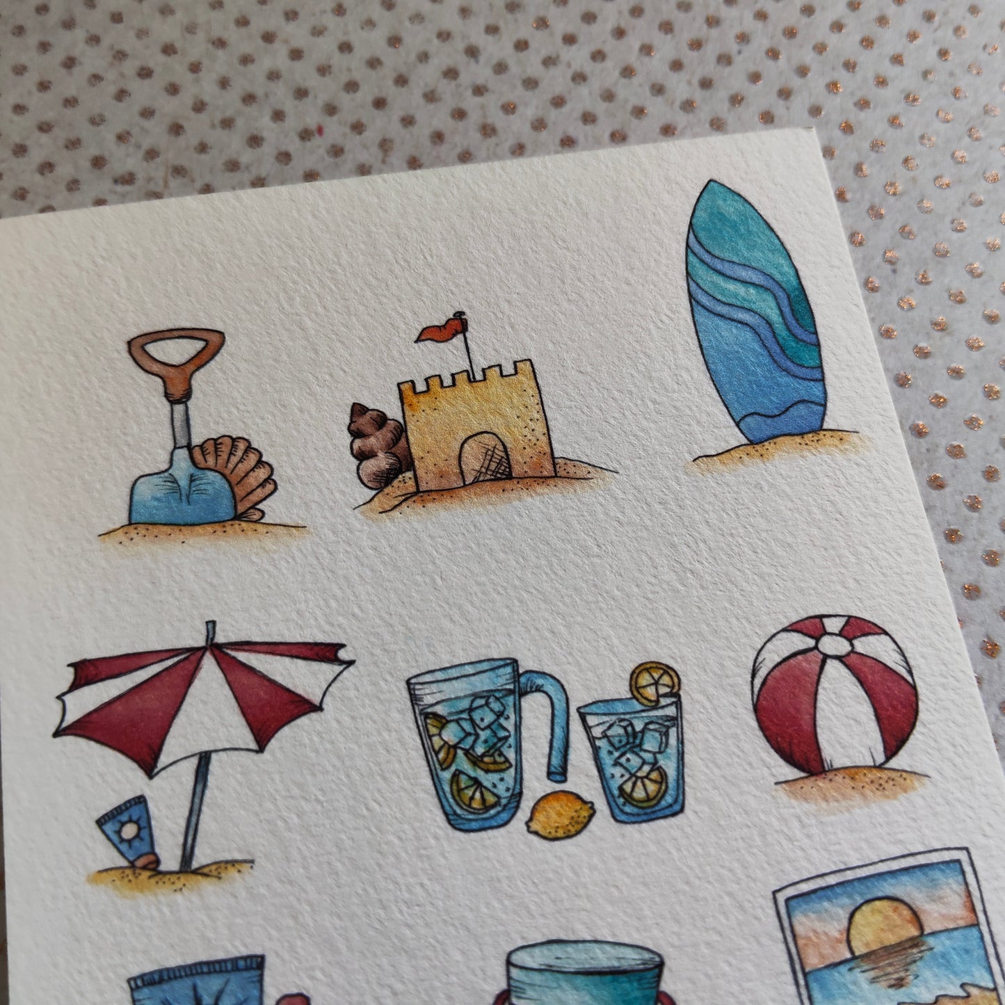 Carte Vacances à la Plage – Objets d’Été en Aquarelle